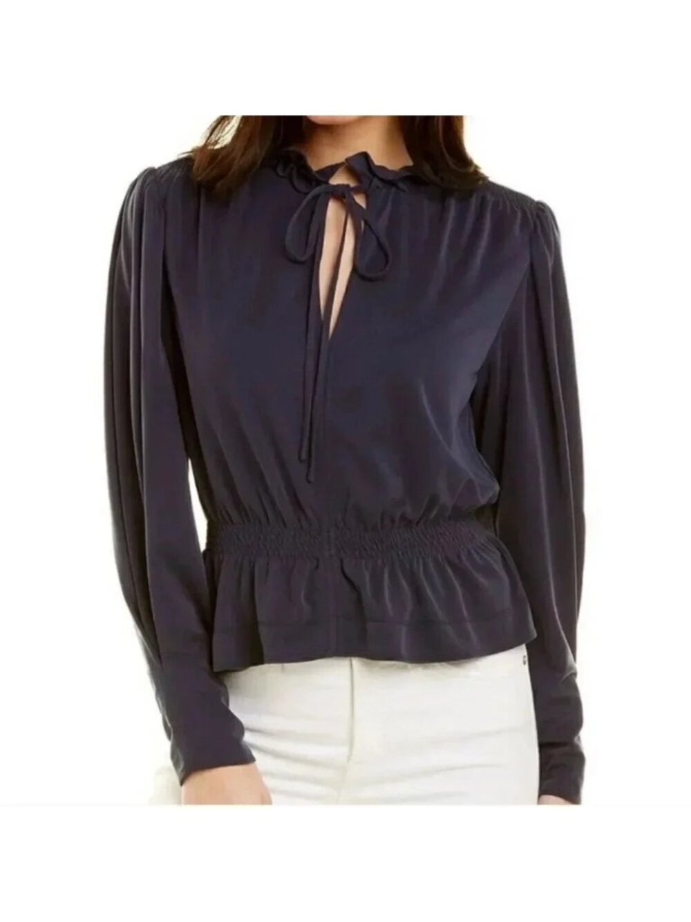 Rebecca Taylor Smocked Waist Ruffle Blouse M Blue Modal Blend (OO736)